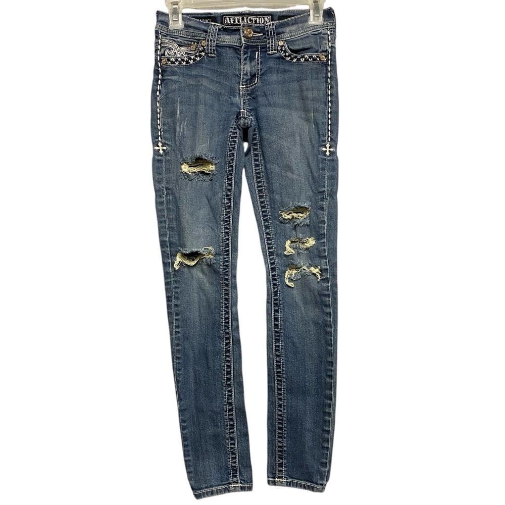 Affliction Distressed Ripped Low Rise Skinny Jeans Raquel Size 25